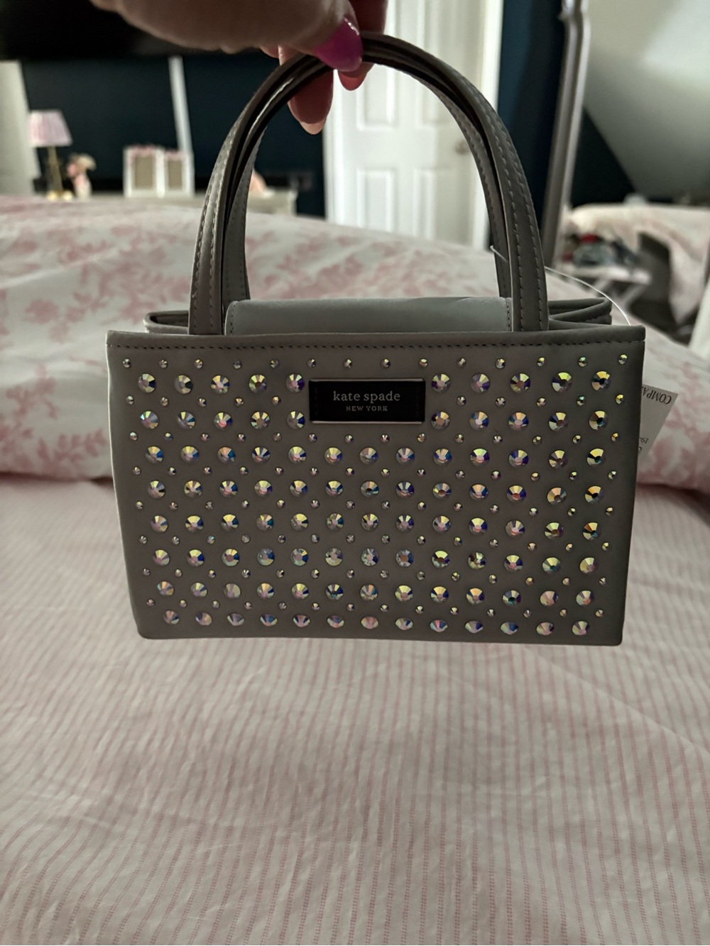 kate spade gray mini tote with crystal studs